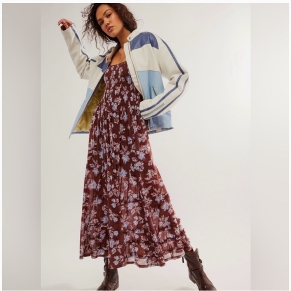 Free People Starlit Nights MIDI Dress Smocked Sheer Slip Floral Medium Med M FP - Picture 5 of 8